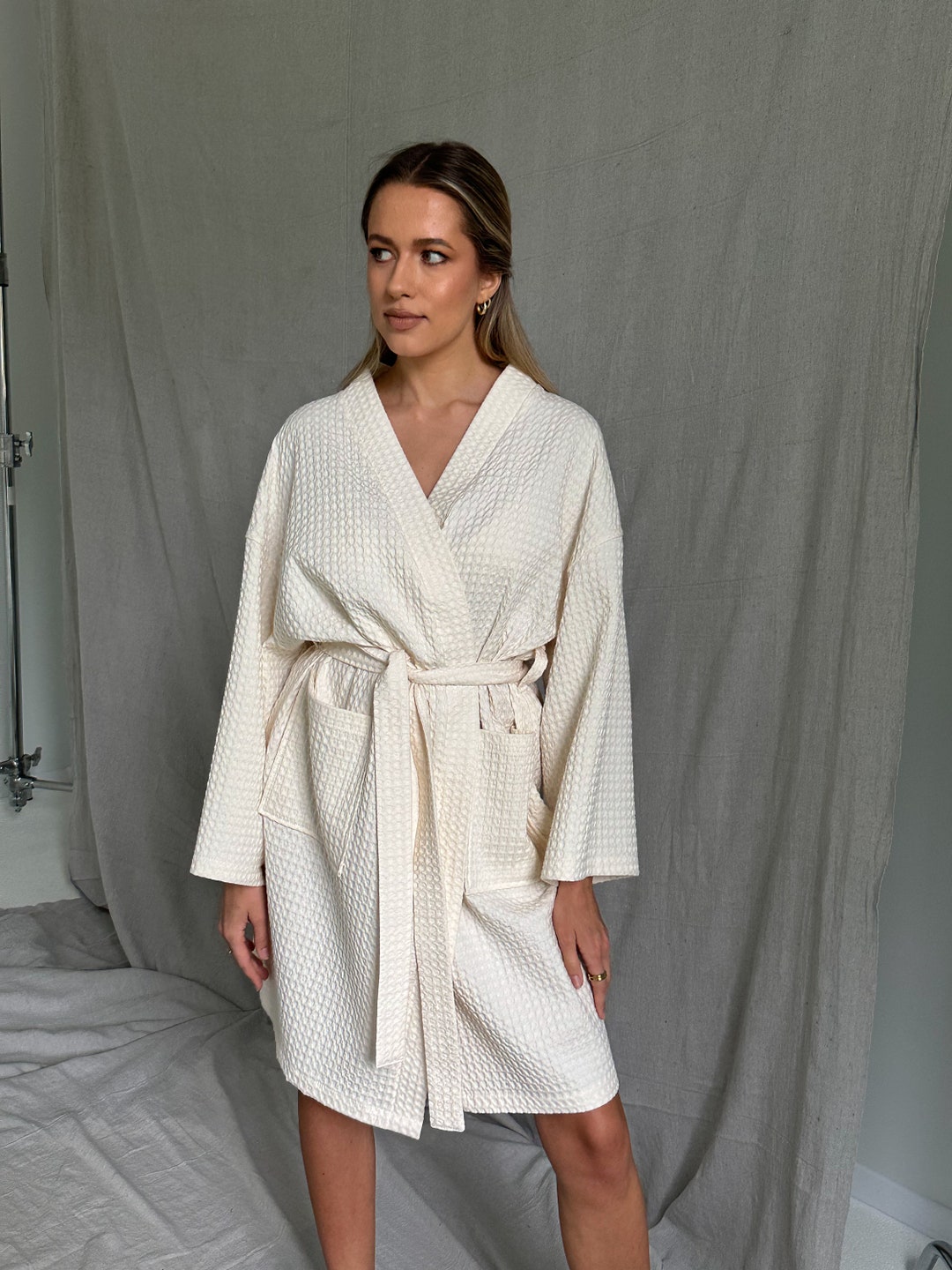 Kimono Style Bathrobe, Waffle Bathrobe Womens, Cotton Bathrobe, White