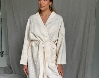 Kimono Style Bathrobe, Waffle Bathrobe Womens, Cotton Bathrobe, White Waffle Robe, Mens Waffle Robe, Summer Bathrobe - Unisex Bathrobe