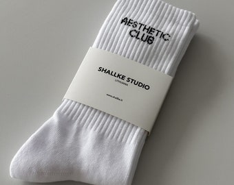 Embroidered Socks, Street Style Crew Cotton Socks With Embroidery In Black And White, Unisex White Socks Aesthetic Club, Minimal Style Socks