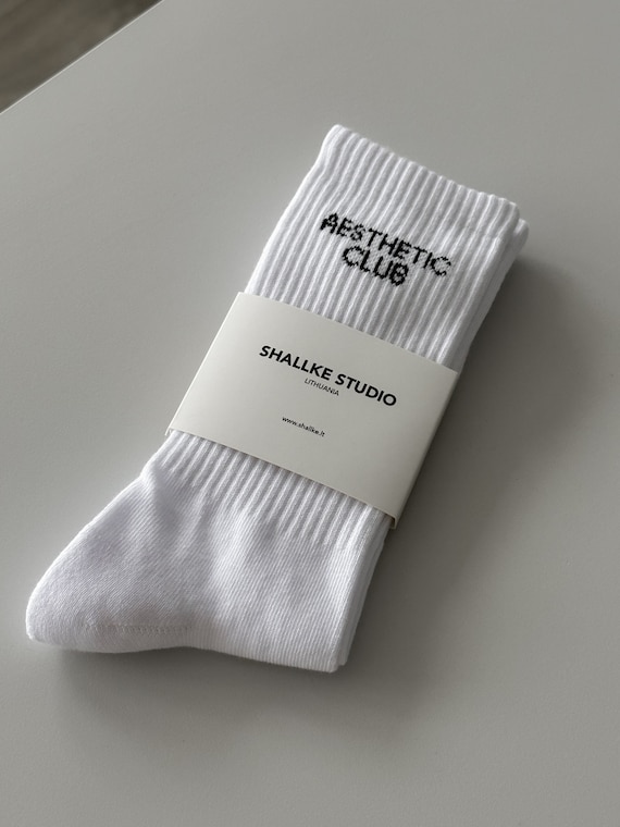 Embroidered Socks, Street Style Crew Cotton Socks With Embroidery In Black And White, Unisex White Socks Aesthetic Club, Minimal Style Socks
