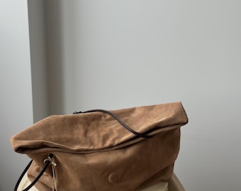Suede Tote Bag, Minimal Leather Handbag, Large Leather Tote Bag, Light Brown Suede Shoulder Bag