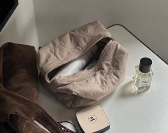 Soft Nude Cosmetic Bag, Puffy Quilted Makeup Pouch, Minimalist Travel Toiletry Bag, Neutral Zipper Bag, Gift for Her or Bridesmaid