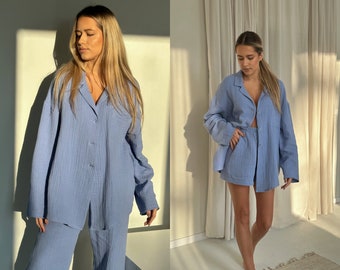 Womens Loungewear Sets, Oversized Shirt and Shorts, High Waist Trousers, Cotton Loungewear, Women's Cotton Pajamas Set, Night Wear for Women