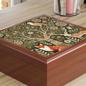 William Morris Inspired Jewelry Box: Ceramic Tile & Rubberwood, Forest Design|New Year's Gift