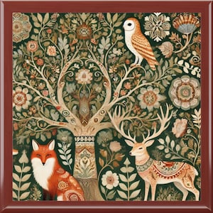 Wooden Jewelry Box:  William Morris inspired , Ceramic Tile & Rubberwood, Forest Design| Housewarming gift| Keepsake box