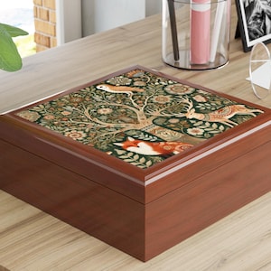 William Morris Inspired Jewelry Box: Ceramic Tile & Rubberwood, Forest Design|New Year's Gift