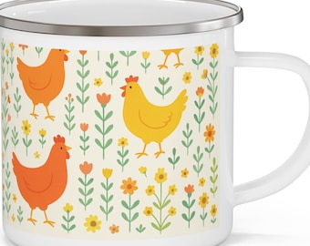 Enamel Chicken Mug, Farmhouse Camping Decor, Unbreakable 12oz