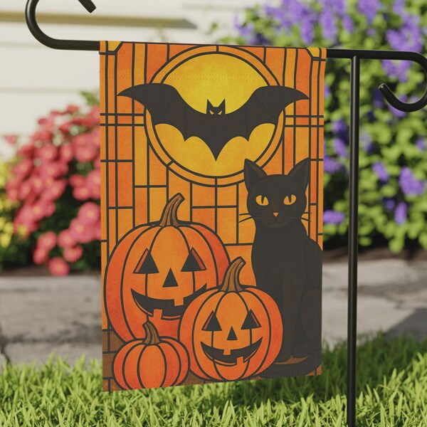 Art Deco Halloween Garden Flag: Black Cat & Pumpkins Poly-Canvas Banner