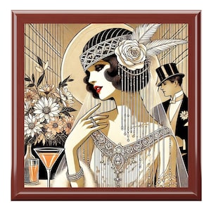 Art Deco Bride Keepsake Box | 1920s vintage Glossy Wood Ceramic Tile| Wedding gift| Mother of bride gift