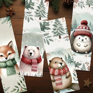 May include: Set of five illustrated bookmarks featuring winter animals. The bookmarks depict a fox, polar bear, beaver, and hedgehog, each wearing a scarf or hat. The backgrounds include winter scenes with trees and falling snow. The bookmarks are rectangular and have a watercolor style.