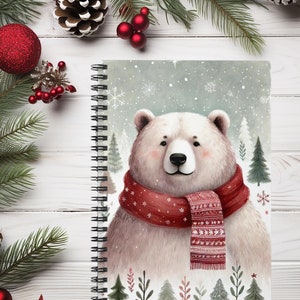 Cuaderno espiral con diseño de oso nevado de invierno, diario para niños, diario con líneas y rayas, diario de animales del bosque, personalizable, diario de escritura para niños