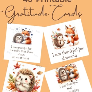 Herbst Igel/Fuchs Dankbarkeit, ich bin dankbar für Karten, druckbare Karten mit Affirmationen, Feiertagstischkarte, Herbst, Kinder und Erwachsene
