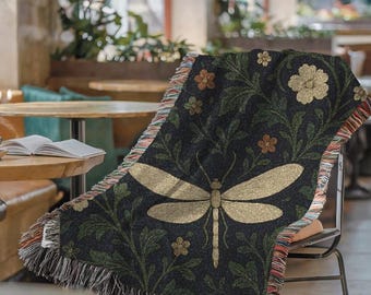 William Morris Style Dragonfly Woven Blanket, Elegant Home Decor| Valentine Gift| Wedding Gift