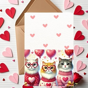 Carte de Saint-Valentin chats mignons, carte de Saint-Valentin imprimable, joyeuse Saint-Valentin, aquarelle, amoureux des chats, carte de voeux pour elle,