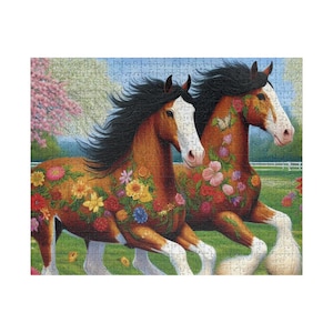 Floral Clydesdale Horses Puzzle: Spring Family Game Night (110 Pieces Available)