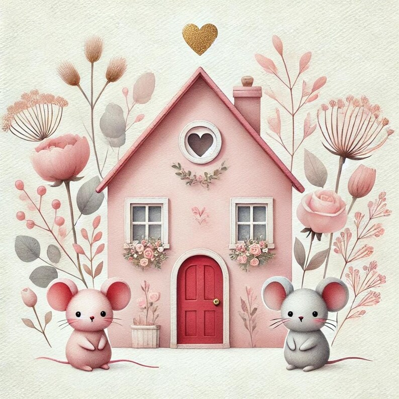 Pink Valentine House Clipart: Watercolor Animals, Hearts (digital ...