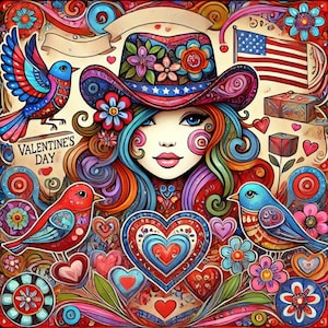 Western Cowgirl Valentine's Day PNG | Patriotic FlagI Blue Birds and Cowboy Hat |High-Quality Digital Download for Mugs, Shirts and Cards|
