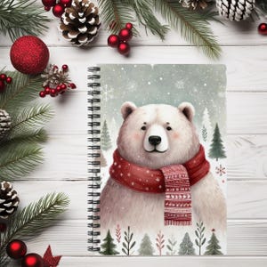 Cuaderno espiral con diseño de oso nevado de invierno, diario con líneas, diario de animales del bosque, diario personalizable con oso, diario de escritura para niños
