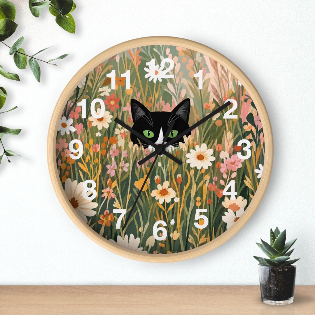 Rustic Cat Clock Tuxedo Cat Wall Clock | Wildflower Boho Cat Clock| 10 Inch Round Clock ...