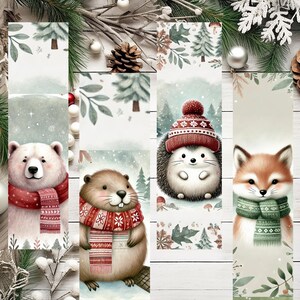 May include: Four winter-themed bookmarks featuring a polar bear, a beaver, a hedgehog, and a fox. Each animal is wearing a colorful scarf and is set against a snowy background with pine trees and snowflakes.
