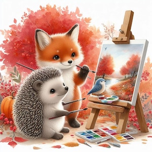 Pacote de clipart de raposa ouriço de outono, 55 PNGs de alta qualidade, aquarela, criação de cartões, diários, álbuns de recortes, camisetas, clipart de outono