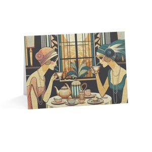 May include: A jigsaw puzzle depicting an art deco scene of two women enjoying tea. They are dressed in flapper attire, seated at a table with a teapot, cups, and saucers. The colour scheme includes beige, teal, and gold, evoking a vintage aesthetic.