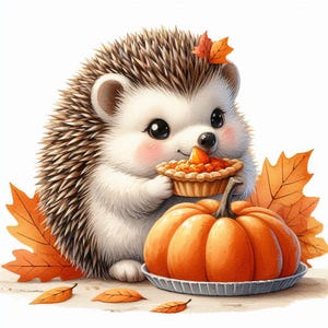 May include: A cute cartoon hedgehog with brown and white fur is holding a small pie with a brown crust and orange filling. The hedgehog is sitting next to a large orange pumpkin on a white background with brown leaves.
