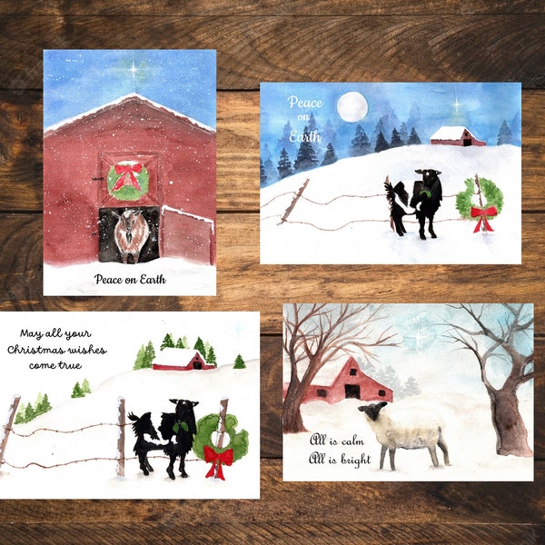 Watercolor Goat and Sheep Christmas Card Bundle