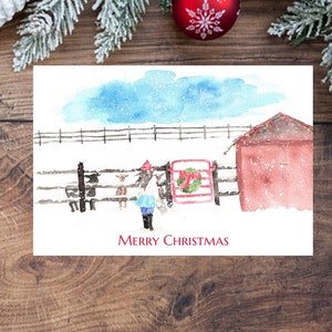 Carte de Noël fille aquarelle nourrissant des chèvres