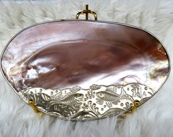 Ring Dish Jewelry Holder, Mother of Pearl Seashell Dish Silver Trim, Decorative Shell Dish, Seashell Dish, Seashell Tray, Unique Gifts
