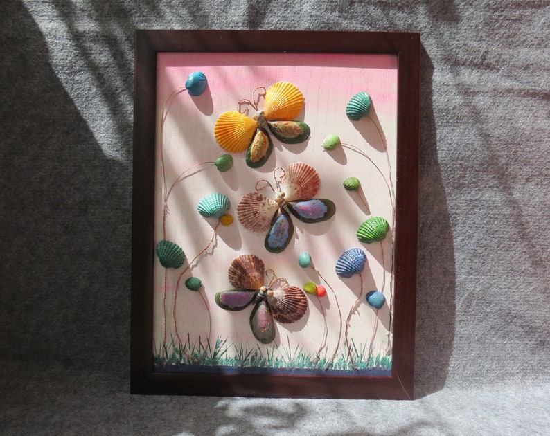 Butterfly Seashell Artworks, Handmade, seashell art, Home decor, beautiful handmade paintings, gift painting image 2