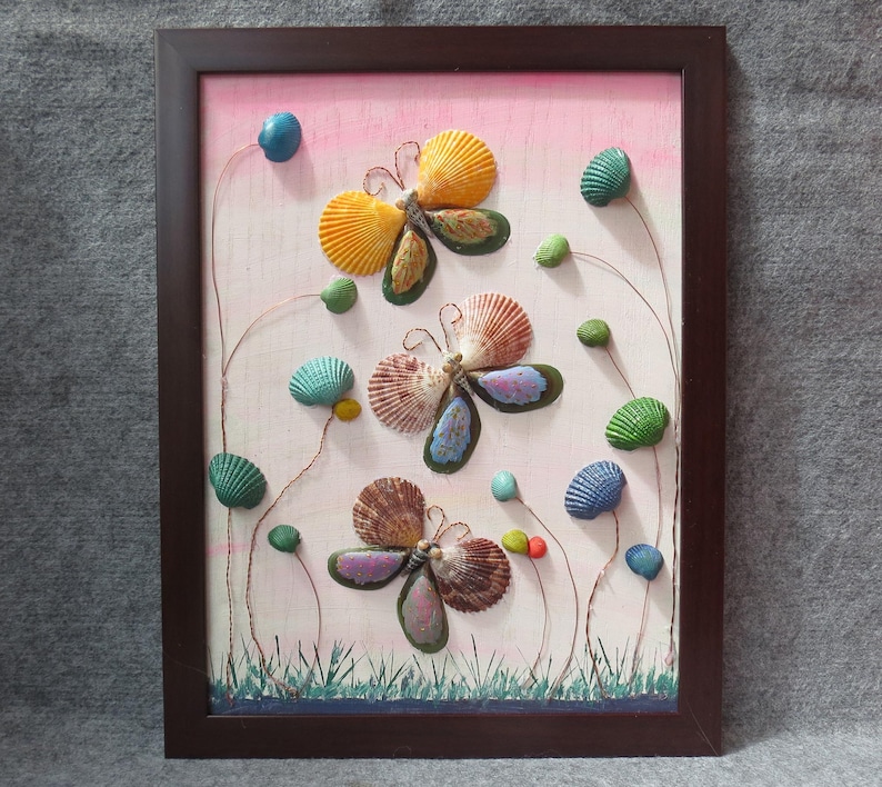 Butterfly Seashell Artworks, Handmade, seashell art, Home decor, beautiful handmade paintings, gift painting image 1