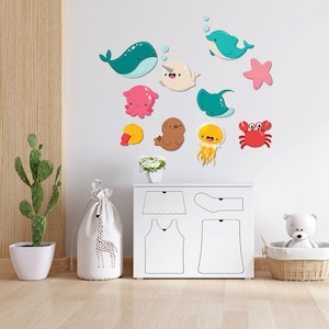 Wooden painting set of 10 sea creatures to decorate the living room, children&#39;s bedroom