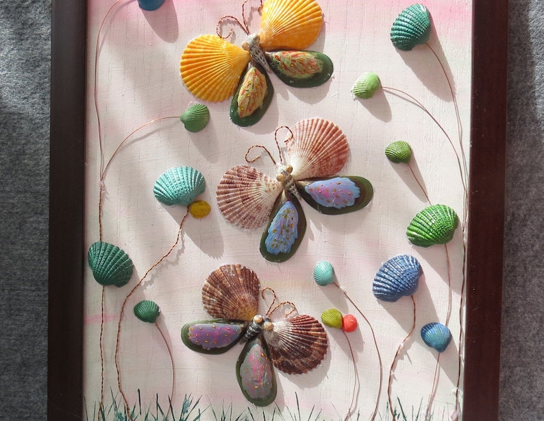 Butterfly Seashell Artworks, Handmade, seashell art, Home decor, beautiful handmade paintings, gift painting image 3