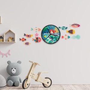Mermaid decor wall clock set to decorate the room beautifully with 11 fish, octopus, wooden starfish
