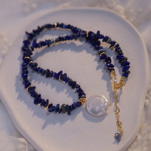 Baroque Necklace Water Pearl Asymmetrical Lapis Lazuli