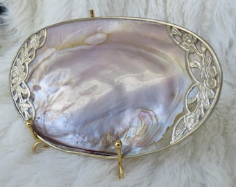 Mother of Pearl Seashell Ring Dish, Silver Trim Jewelry Holder