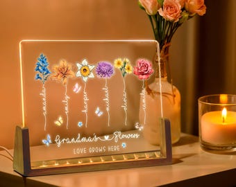 Personalized Grandmas Garden Birth Month Flower LED Night Light, Moms Garden Flower Light Up Sign, Mothers Day Gift for Grandma Mom Mama