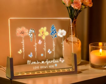Grandma&#39;s Garden Birth Month Flower Personalized LED Night Light, Mother&#39;s Day Gift For Grandma Mom, Custom Night Light