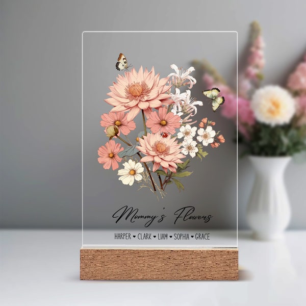 Ramo familiar de flores de nacimiento, arte floral del mes de nacimiento personalizado, arte dibujado a mano, estampado de flores del mes de nacimiento, regalo personalizado