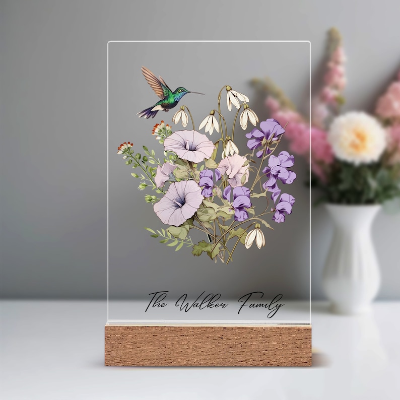 Mothers Day Gift Personalized Birth Flower Plaque with Stand Unique Birthday Gifts for Grandma Custom Acrylic Plaque Moms Garden image 1