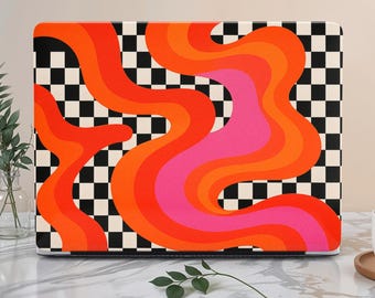 Retro Wavy MacBook Case for Air 13.6 M3 M4, Air 15, Pro 14 – Psychedelic 70s Swirl Checkerboard Aesthetic Laptop Cover, Colorful Gen Z Gift