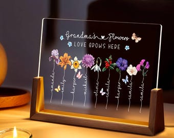 Personalized Birth Flowers Print with Names - Moms Garden and Grandmas Garden LED Night Light Family Birth Month Flowers Christmas Gifts