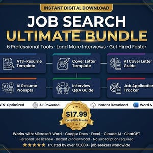 May include: A digital download titled Job Search Ultimate Bundle featuring six professional tools including an ATS-resume template, cover letter template, AI cover letter guide, AI resume prompts, interview Q&A guide, and a job application tracker.