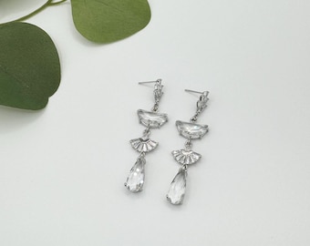 Art Deco Silver Fan Dangle Earrings, Long Bridal Earrings, Vintage Style Statement Earrings, Bridesmaid Jewelry, Wedding Earrings for Bride