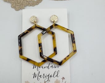 Tortoise Shell Hoop Earrings, Gold Geometric Dangle Earrings, Statement Earrings, Hexagon Earrings, Modern Boho Jewelry, Gift for H