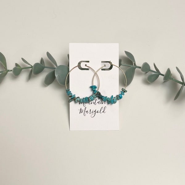 Gold Turquoise Hoops, Genuine Turquoise Chip Earrings, Boho Jewelry, Blue Gemstone Earrings