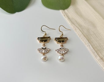 Art Deco Earrings, Boho Bridal Earrings, Statement Earrings, Pearl Wedding, Leaf Earrings, Gold CZ Fan Earrings, Wedding Earrings, For Her