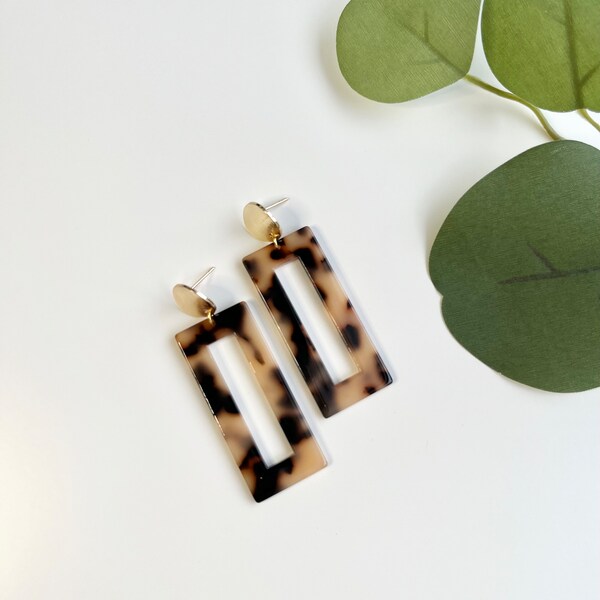 Retro Tortoise Shell Earrings, Rectangle Tortoise Shell Earrings, Tortoise Print Geometric Earrings, Dangle Drop, Gold Stud Earrings