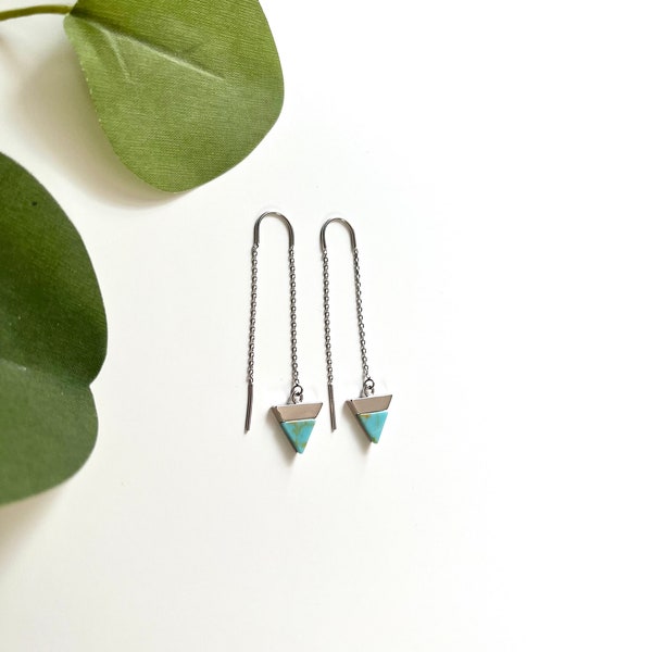 Turquoise Gold or Silver threader earrings, Dainty Mimimalist chain earring, Triangle Earrings, Gemstone Earrings, Silver chain Earring